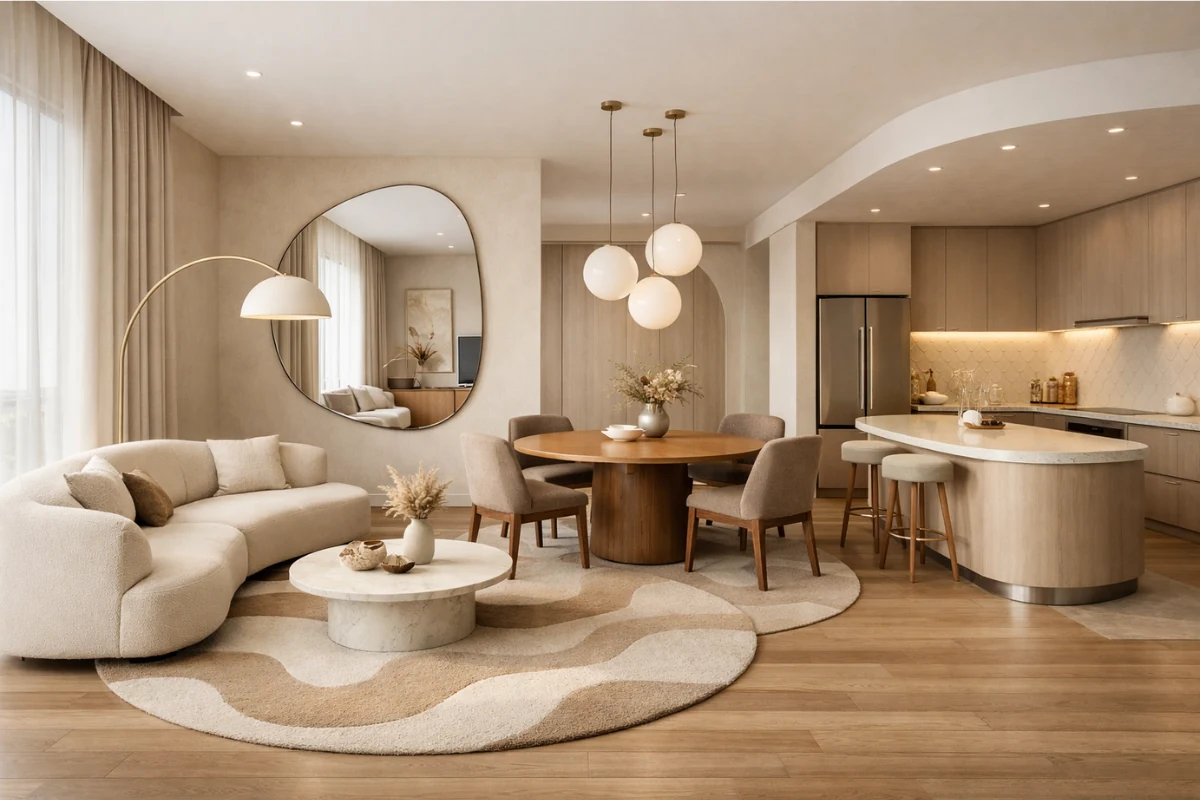 organic-shaped sofa or a circular dining table