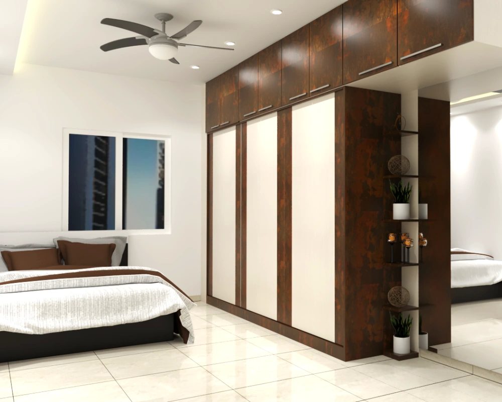 Side shelves wardrobe design with mirror unit for bedroom
