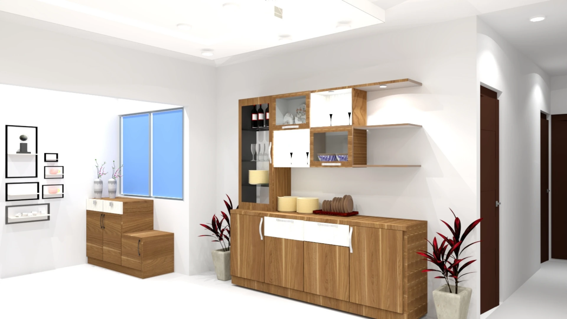 Wooden crockery unit with glass showcase and drawers