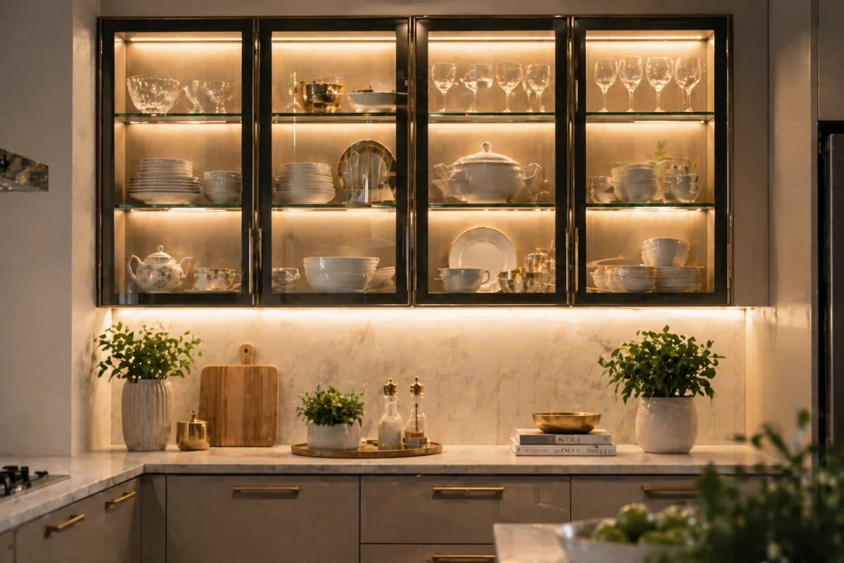 Crockery Unit in Modular Kitchen with Integrated Lighting