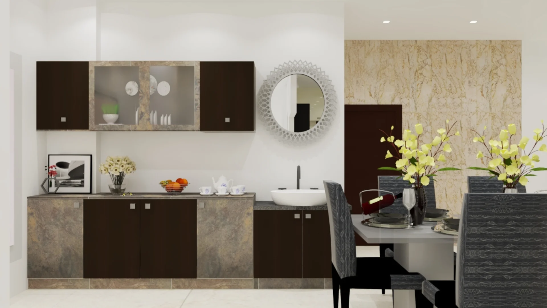 Crockery unit design with modern glass cabinet and wooden finish