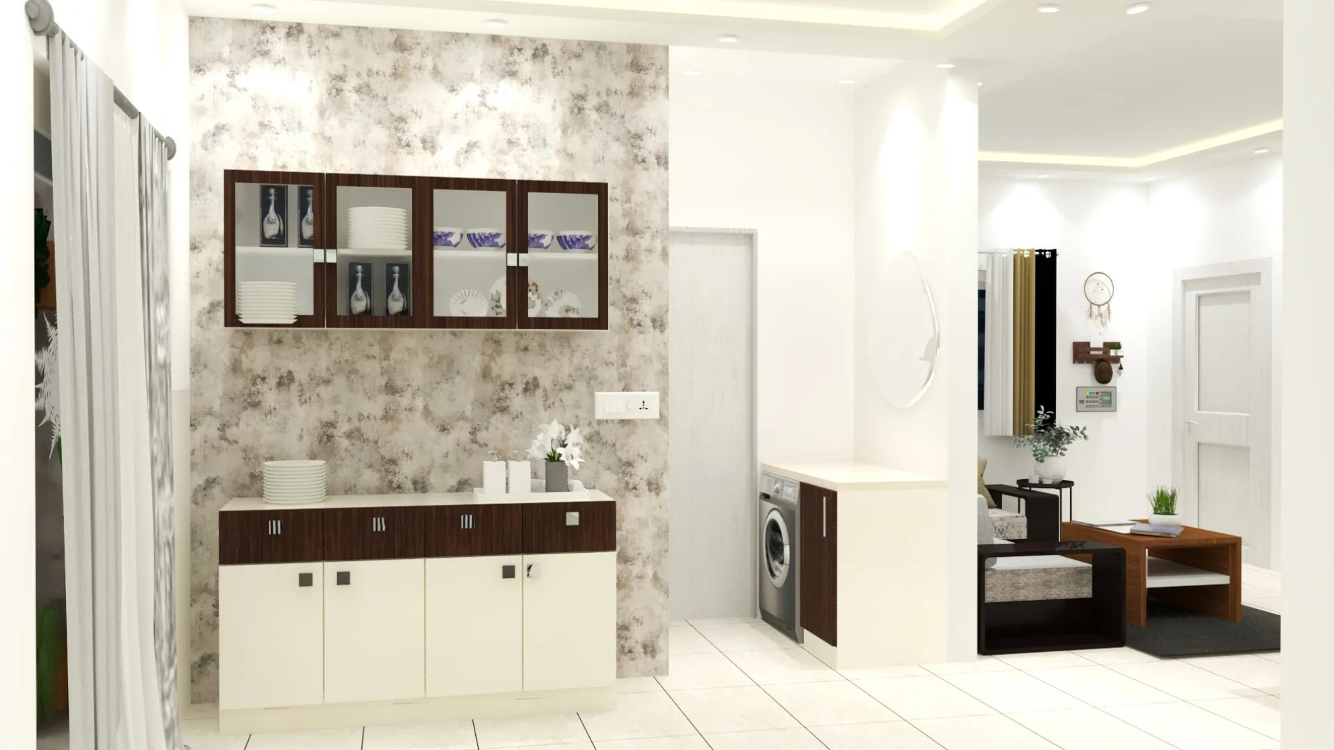 Elegant crockery cupboard design with glossy finish