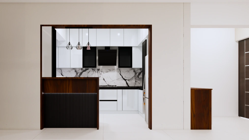 Kitchen partition design with wooden frame and half wall