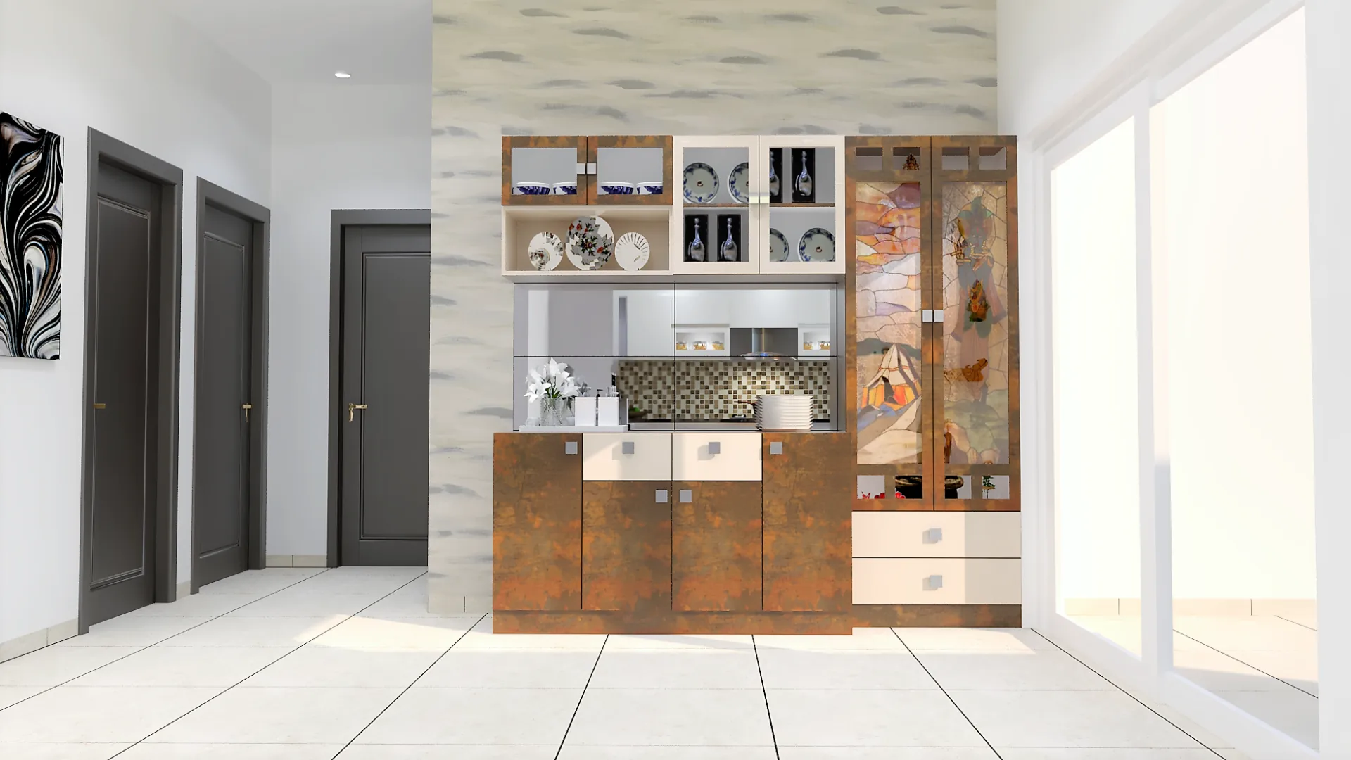 Luxury crockery unit design with glass and metal combination