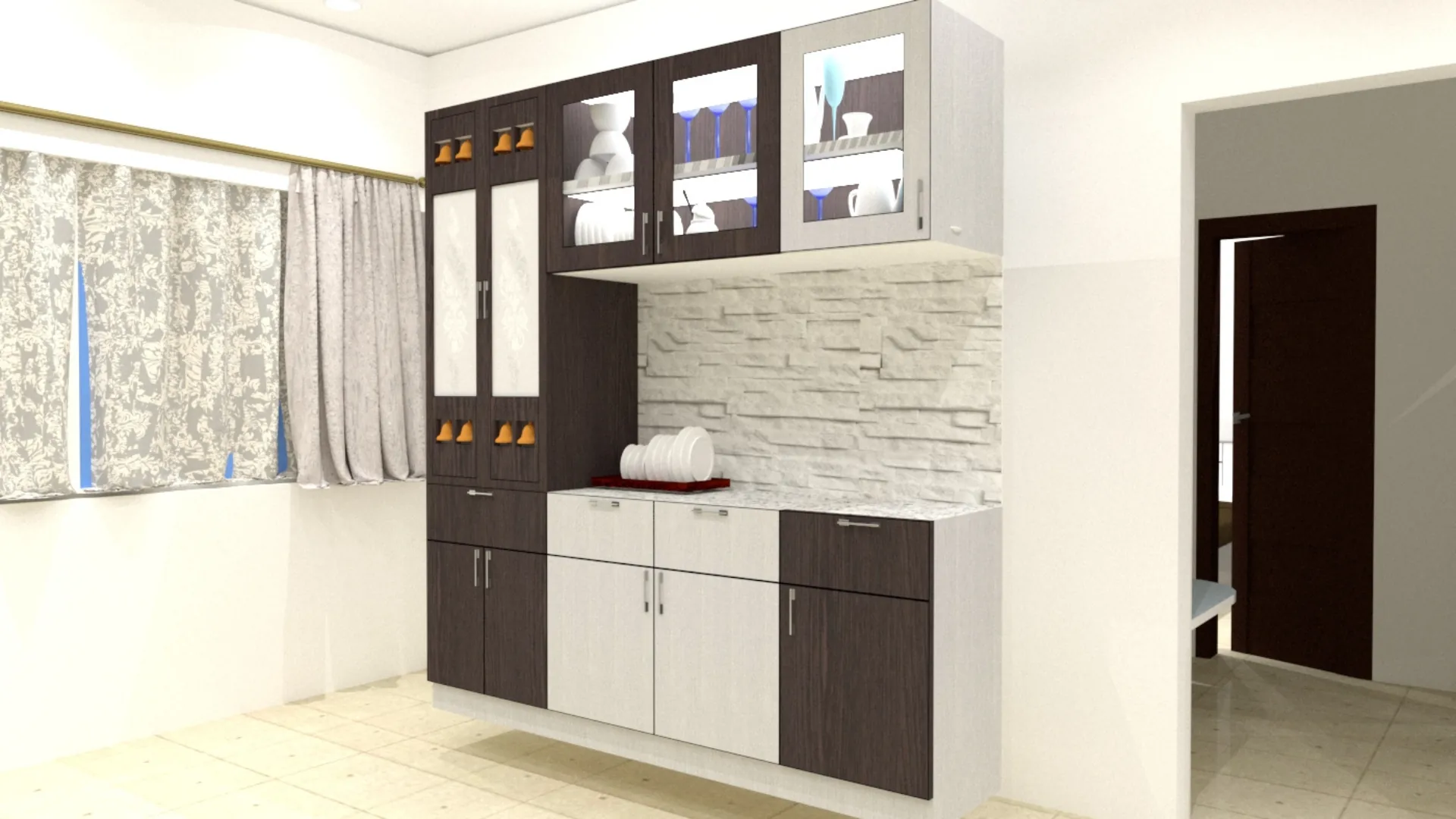Modern crockery cabinet design with open and closed storage