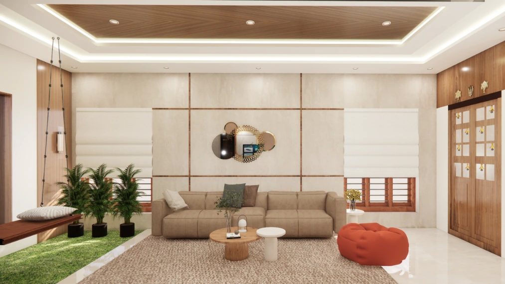 Modern living room partition design with wooden accents and ceiling detail