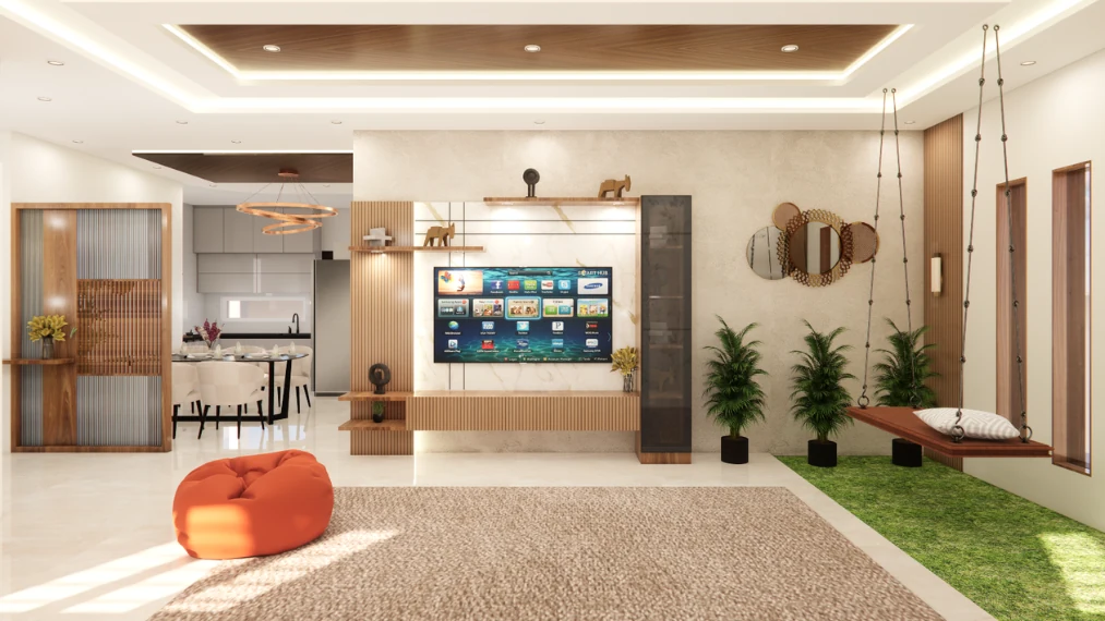 Modern partition design separating living and dining area with wooden panels