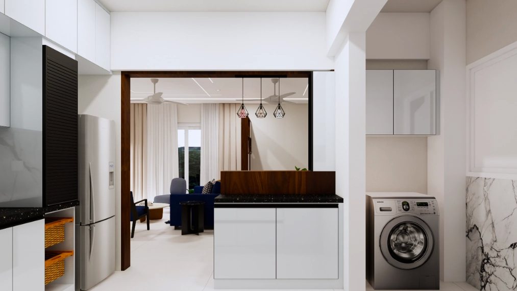 Modern wooden partition design with counter for kitchen and living room