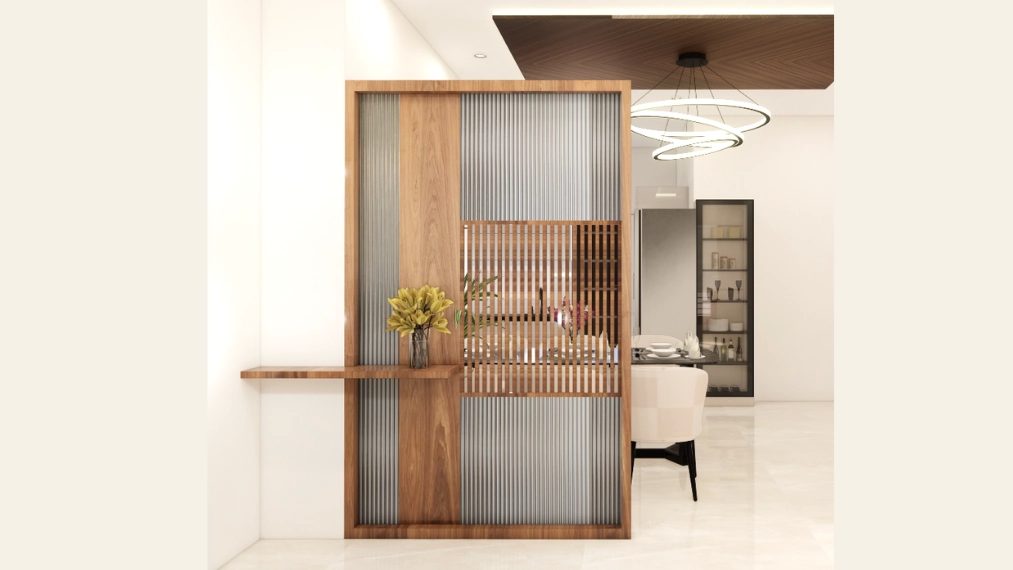 Modern wooden partition design with glass panels for living room
