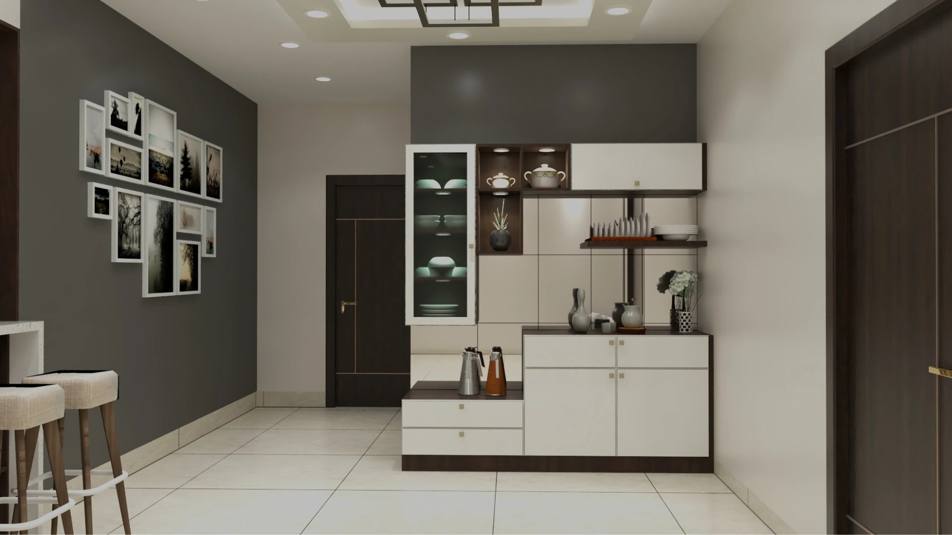 Premium crockery unit design with lighting and glass finish