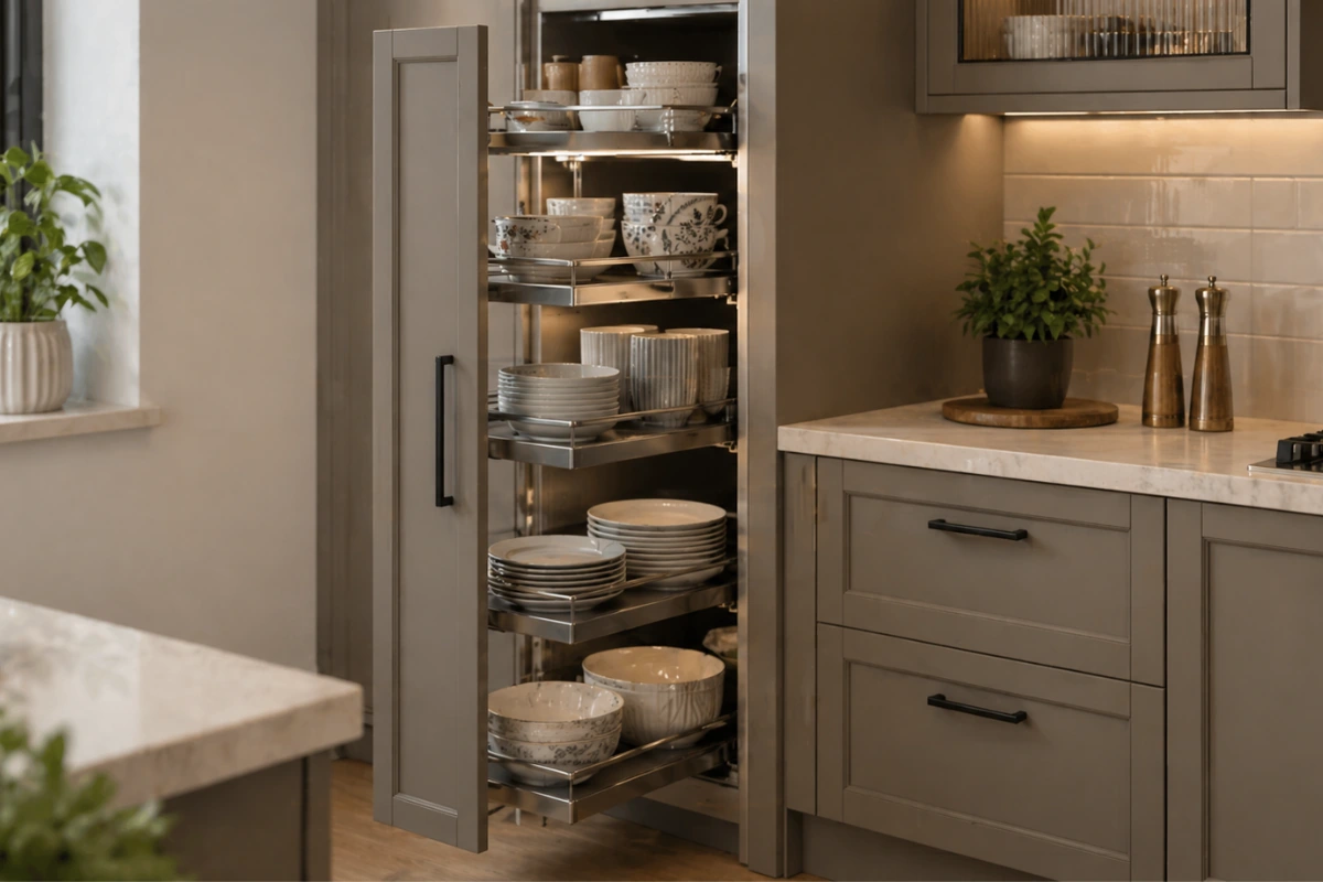 Small Kitchen Crockery Unit design with Pull Out Shelves
