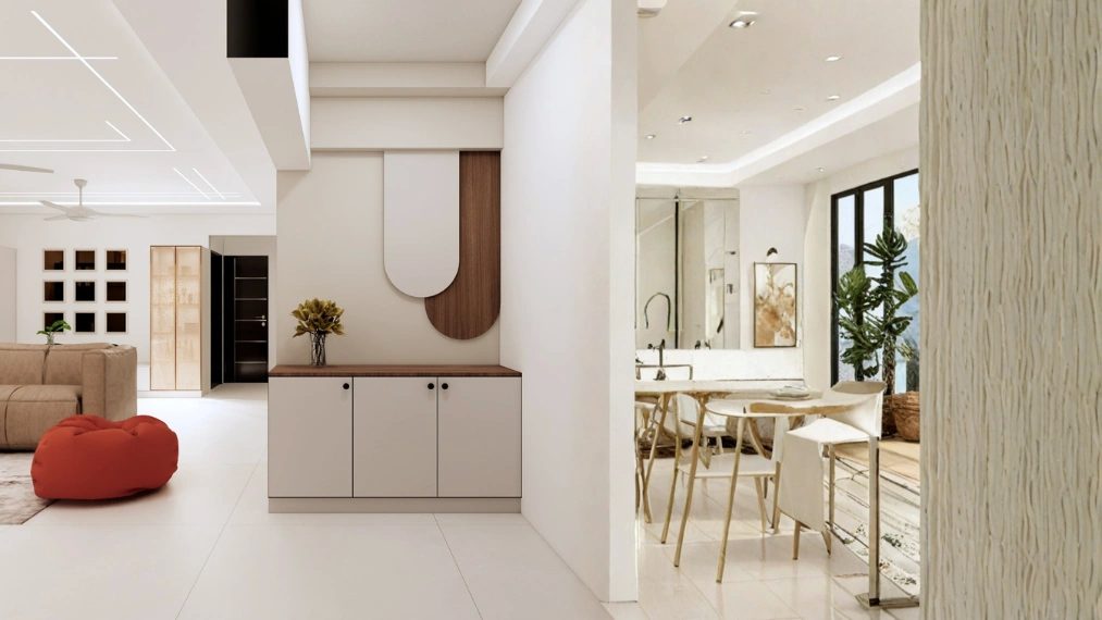 Space-saving room partition design with subtle wall divider and storage