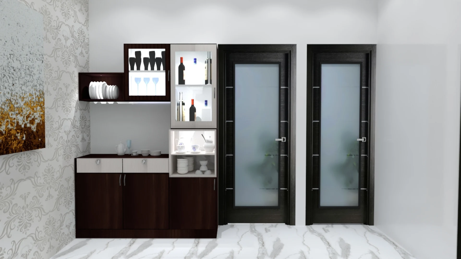 Stylish crockery cupboard design with glass display units