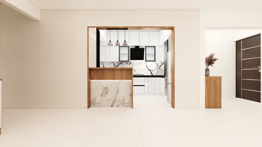 Stylish partition design for open kitchen with half wall counter pune