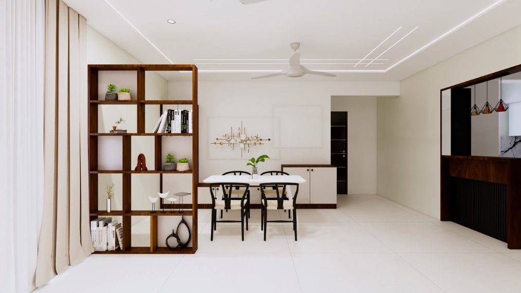 Stylish partition design with storage unit in contemporary home in bangalore