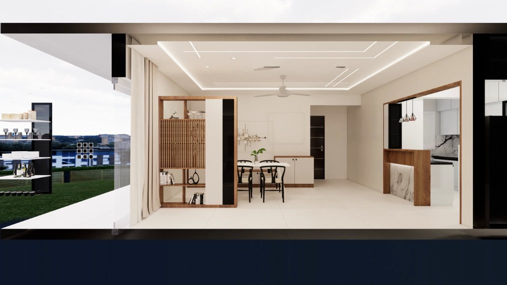 Unique partition design with slatted wood and frame divider hyderabad