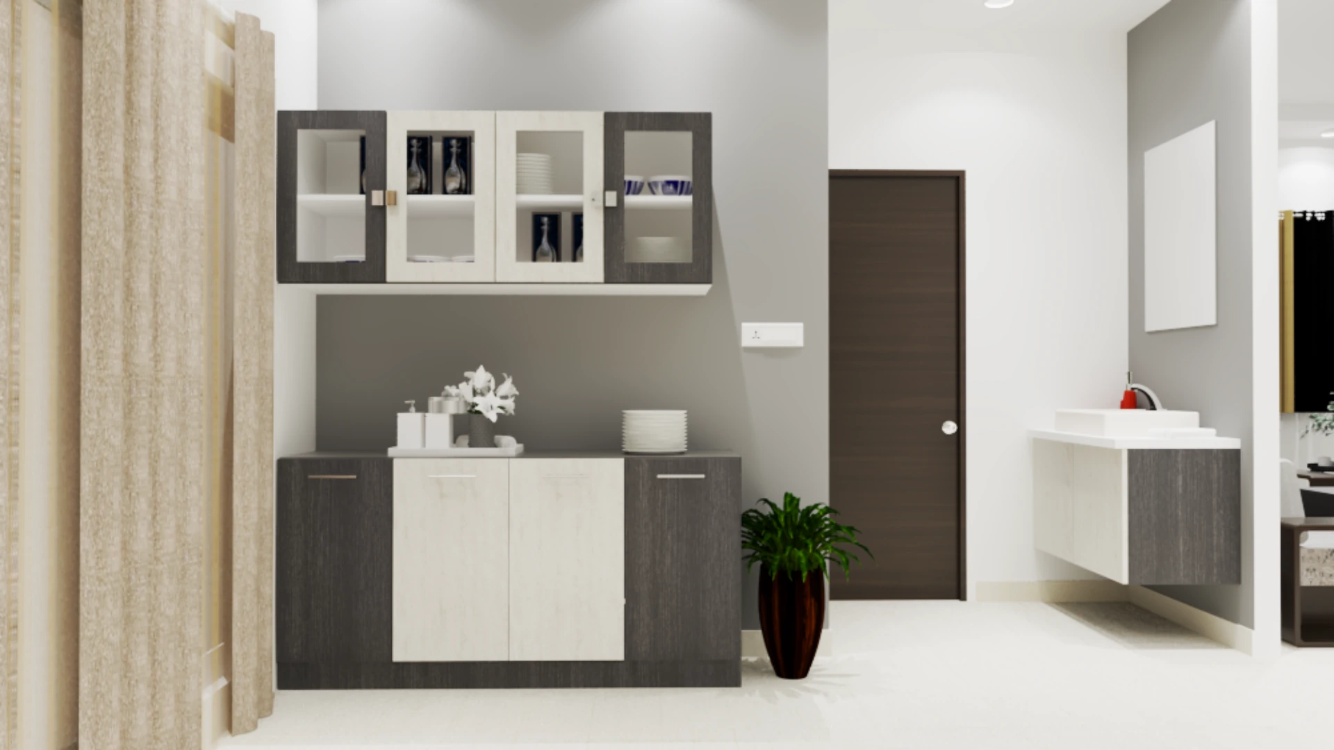 Wooden crockery cupboard design with glass doors