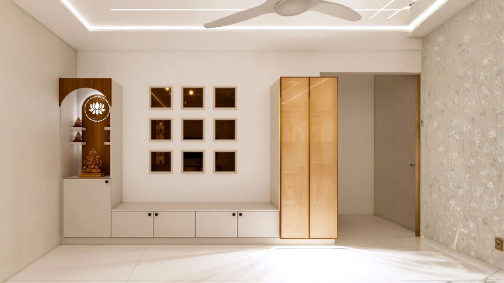 Wooden partition wall design with modern display unit