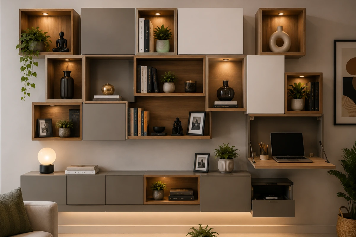 Modular wall box design systems can be reconfigured, extended, or moved if you change homes, a huge advantage for Indian homeowners in rented apartments. These units combine open display cubbies with closed cabinets, giving you the freedom to show off what you love and hide what you do not. Many systems also allow for integrated lighting, pull-out drawers, and even fold-down desks.