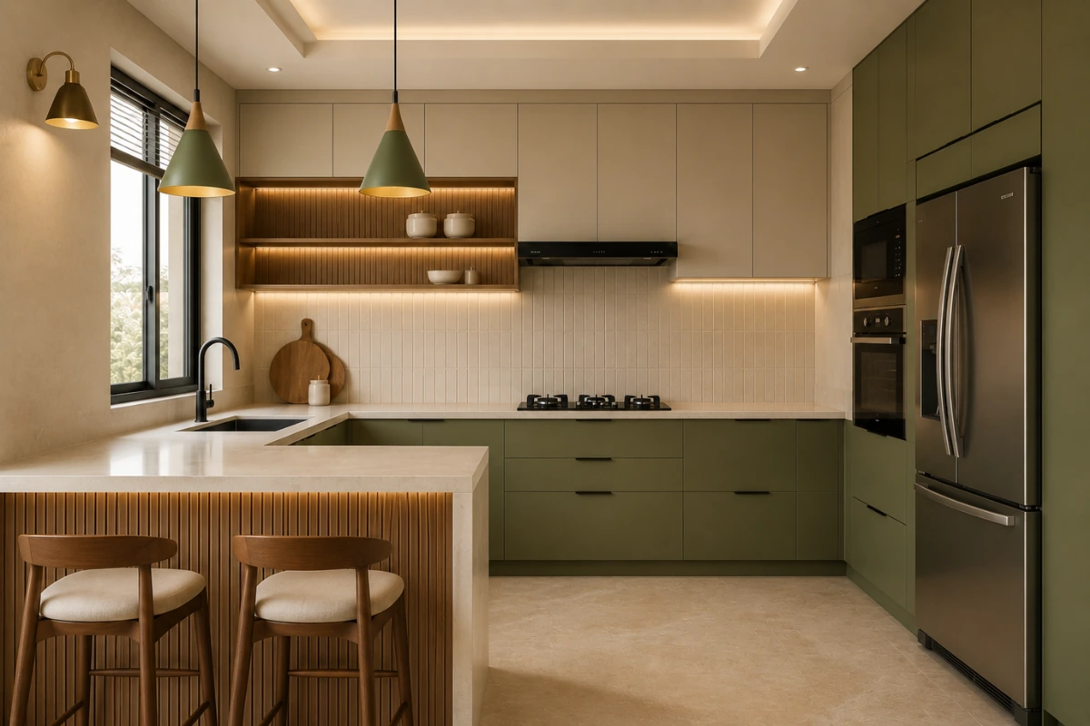 latest kitchen colour combination olive green beige 2026