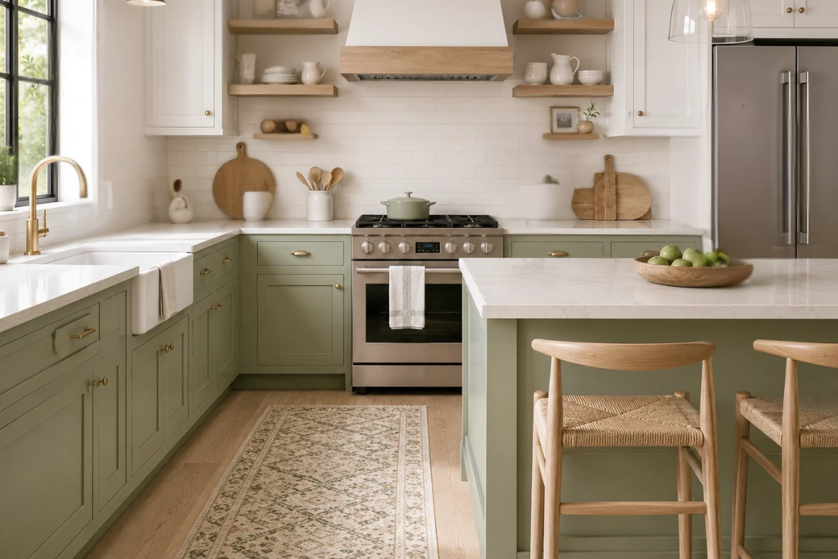 modern kitchen colour combination sage green white Scandinavian