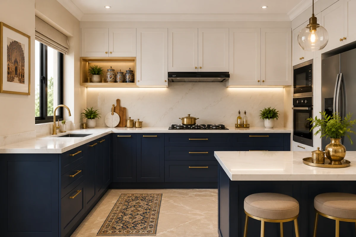 modular kitchen color combination Indian style navy blue white