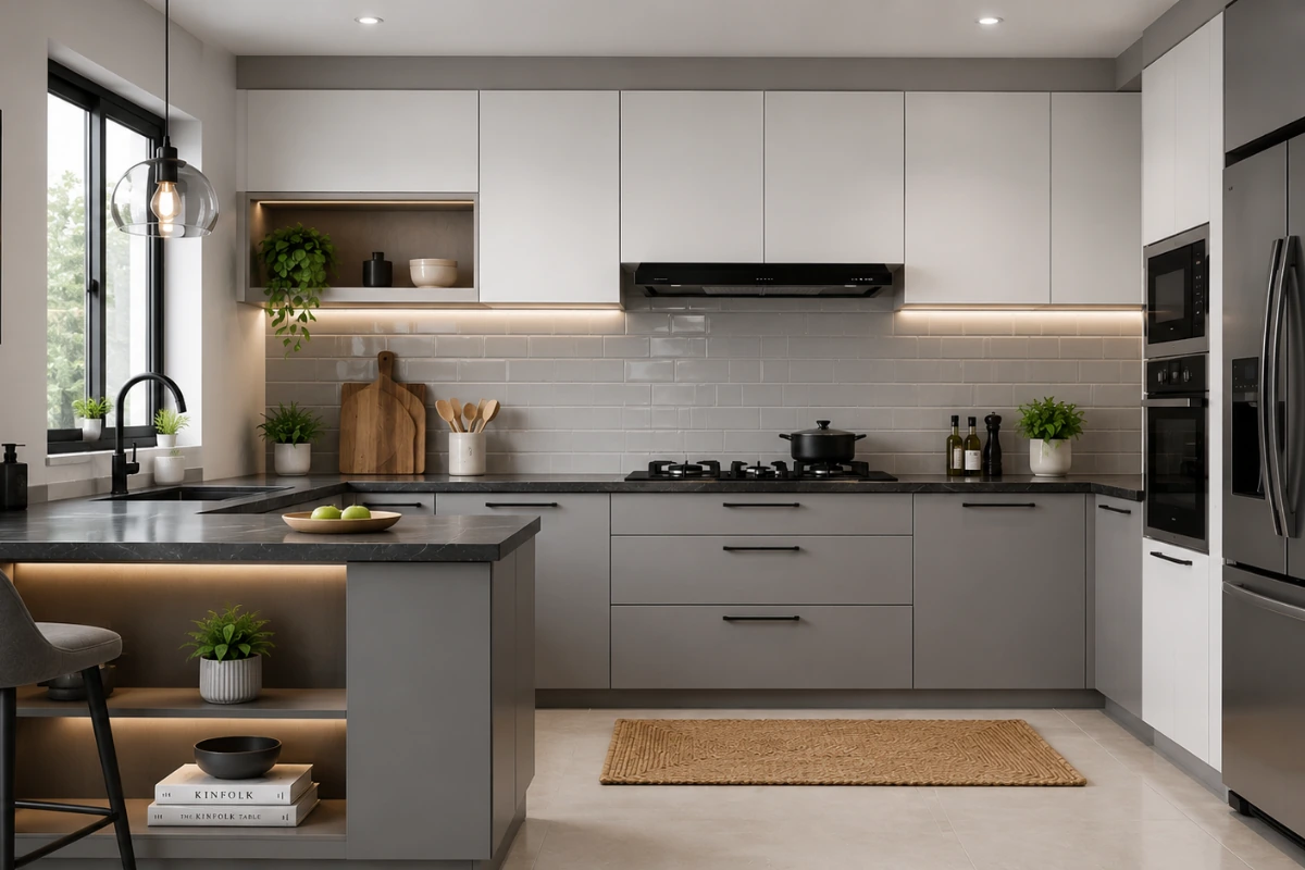 modular kitchen colour combination gray and white