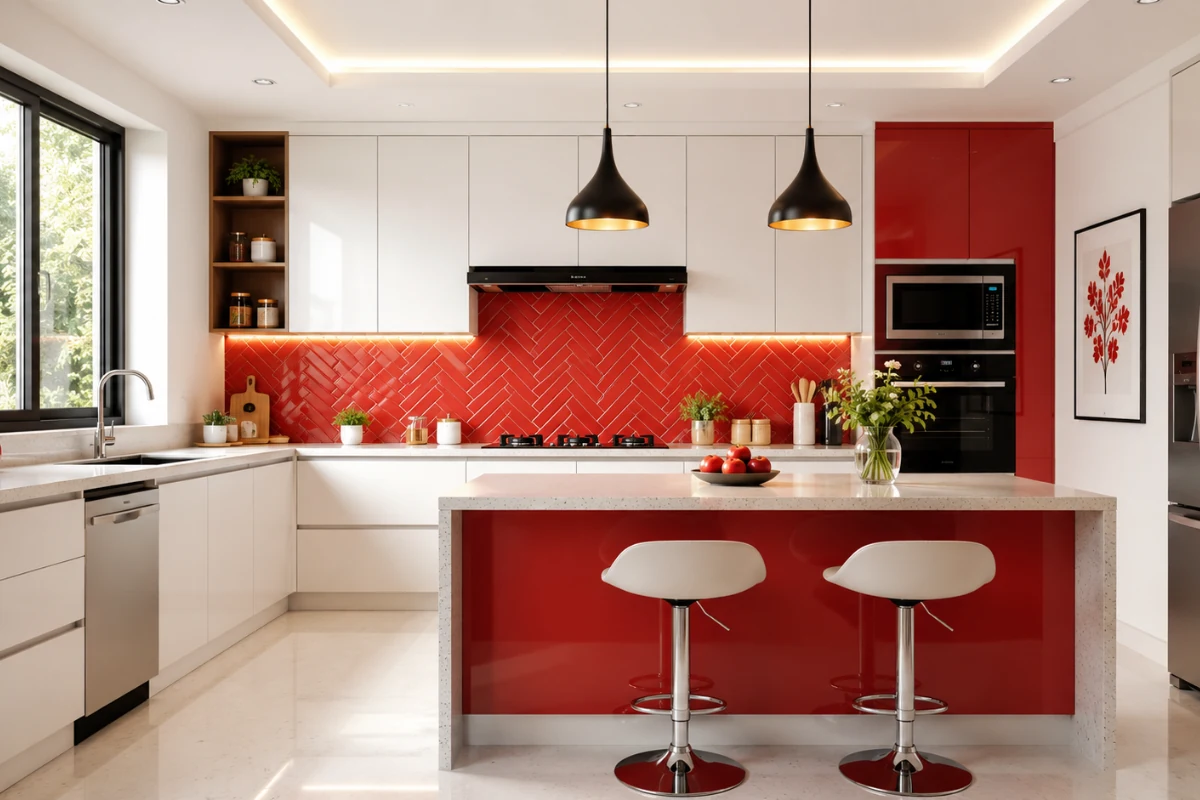 modular kitchen colour combination ideas red white Indian style