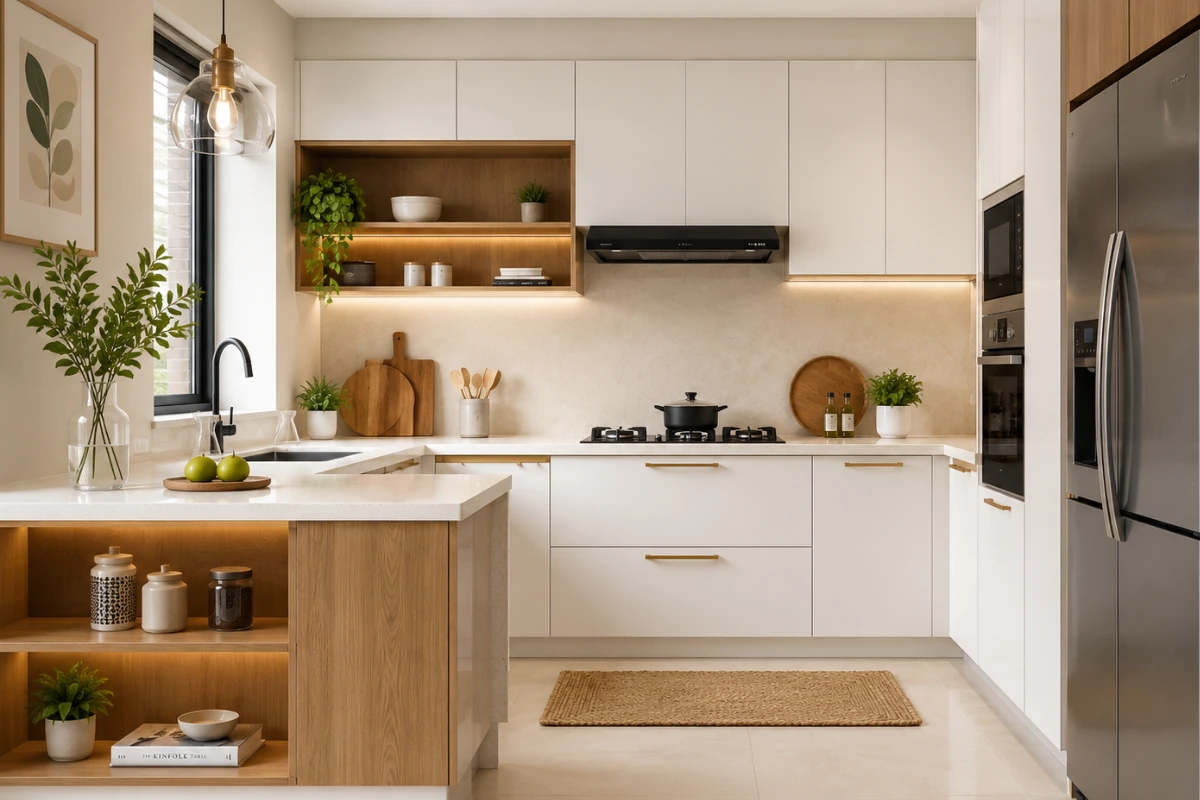 modular kitchen colour combination white and wood Indian home