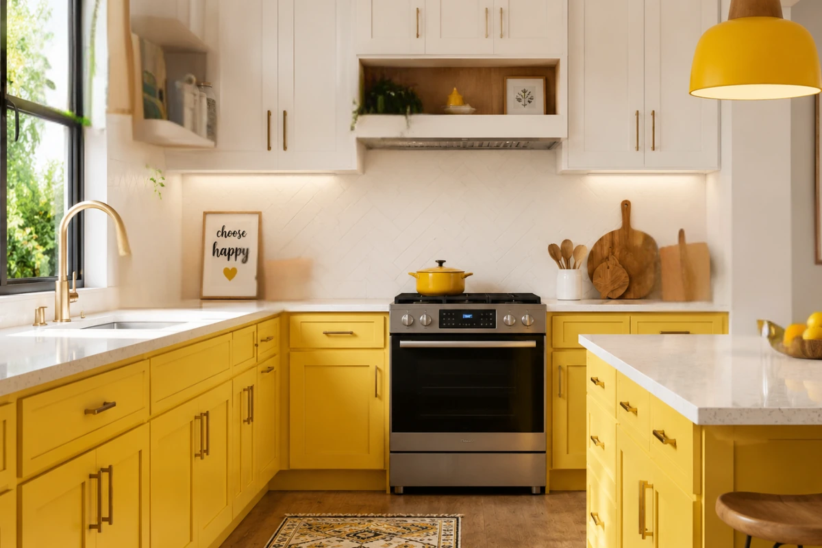yellow and white modular kitchen combination