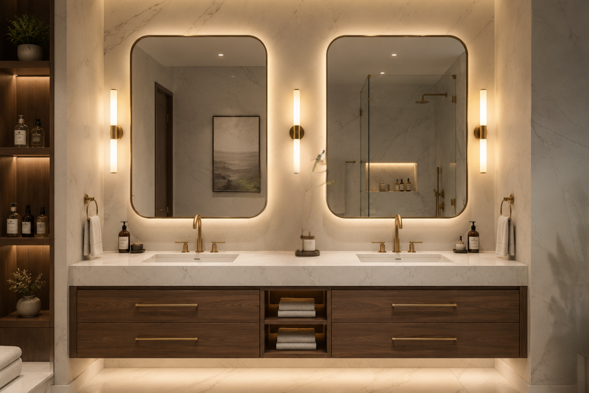 Double sink washbasin vanity design for bathroom