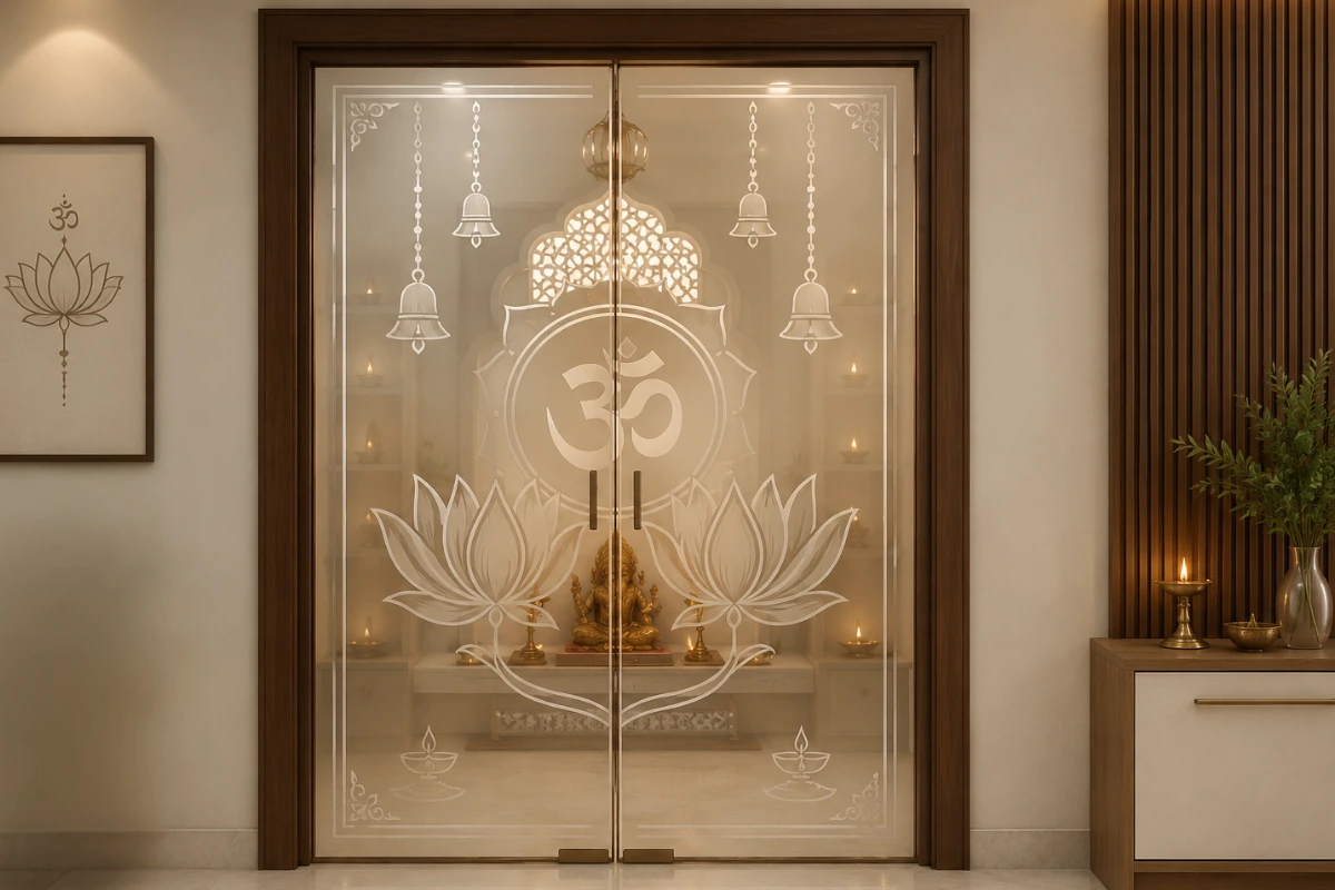 Etched Religious glass door design for pooja room