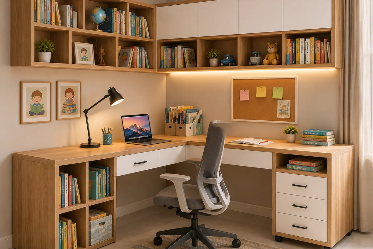 L-shaped study table design for children with storage cabinets and study corner