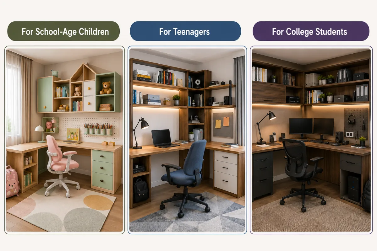 L-shaped study table design ideas for kids, teenagers, and college students with storage and workspace setup