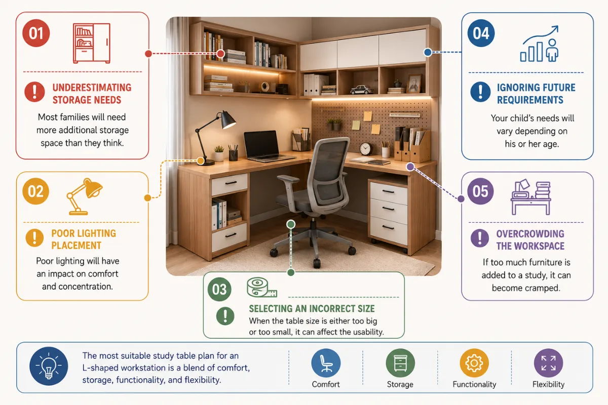 L-shaped study table design mistakes to avoid including storage, lighting, size, and workspace planning
