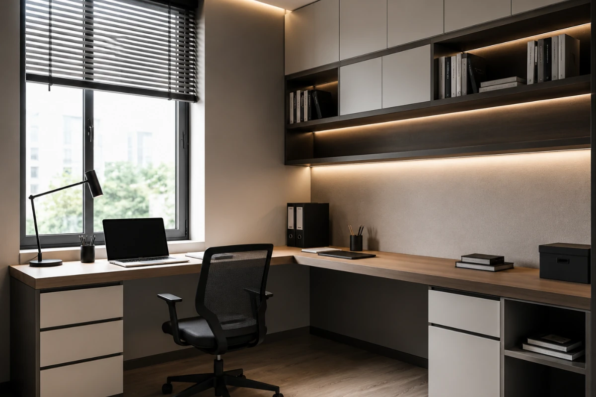 L-shaped study table design with overhead cabinets, window blinds, and modern workspace setup
