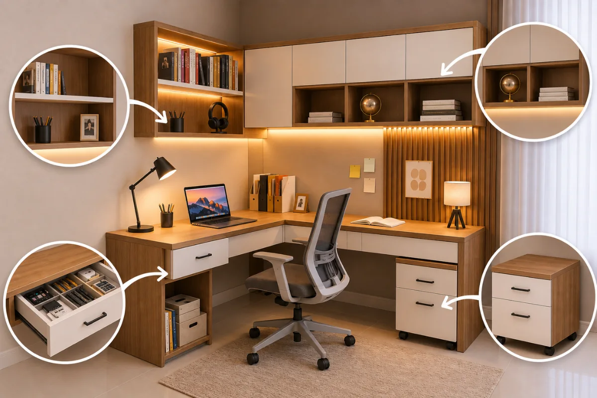 L-shaped study table design with smart storage drawers, wall shelves, and modular cabinets