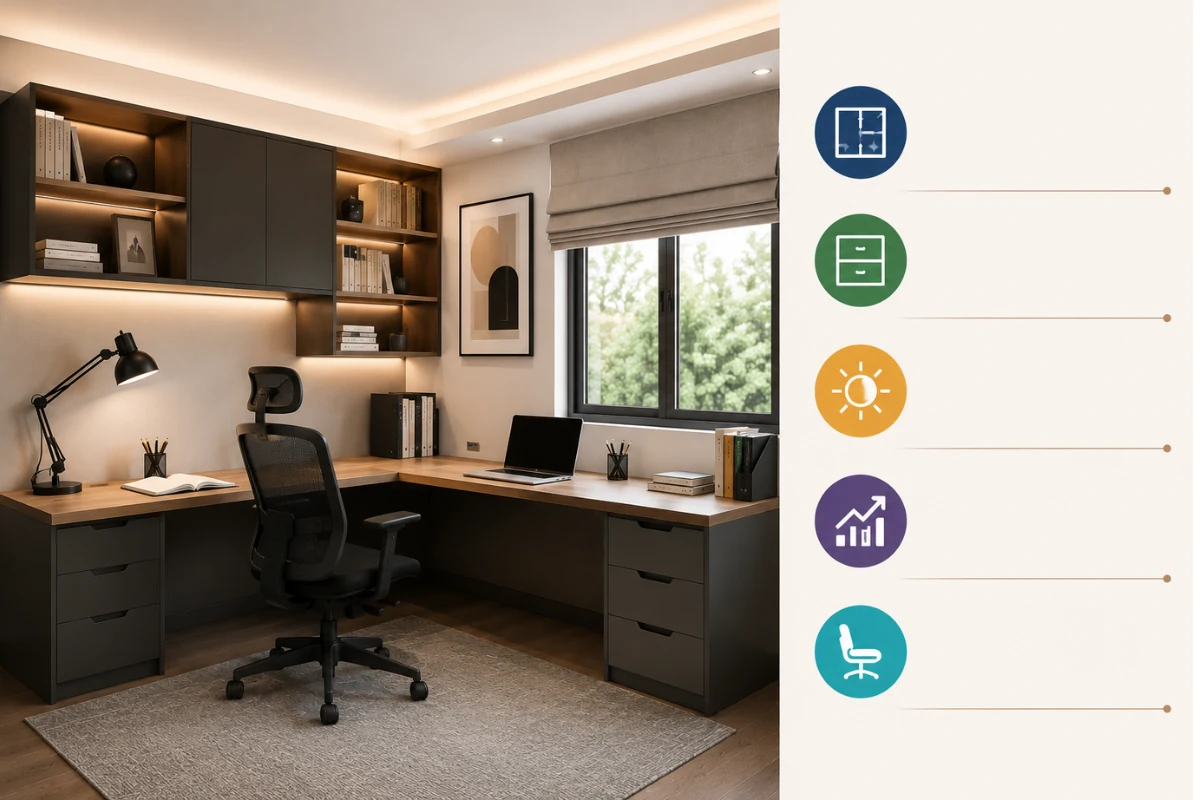 L-shaped study table design with window view, storage drawers, wall shelves, and workspace lighting