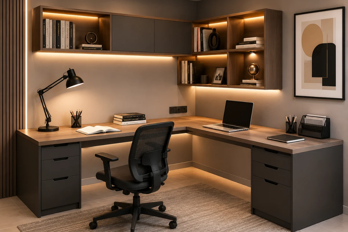 L-shaped study table design with wooden finish, storage drawers, and wall-mounted shelves