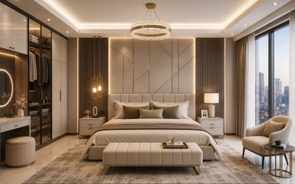 Luxury bedroom interiors in Pune with elegant furniture and lighting
