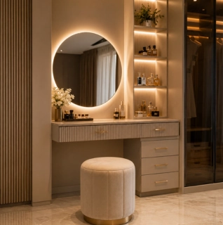 Luxury bedroom vanity designed by interior designers in Mumbai featuring a round LED mirror
