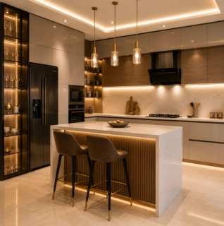 Luxury modular kitchen designed by interior designers in Mumbai featuring a marble island