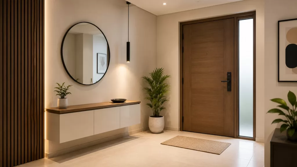 Modern apartment foyer area design with decorative wall panels and functional storage