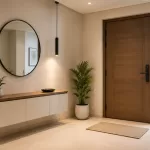 Modern apartment foyer area design with decorative wall panels and functional storage