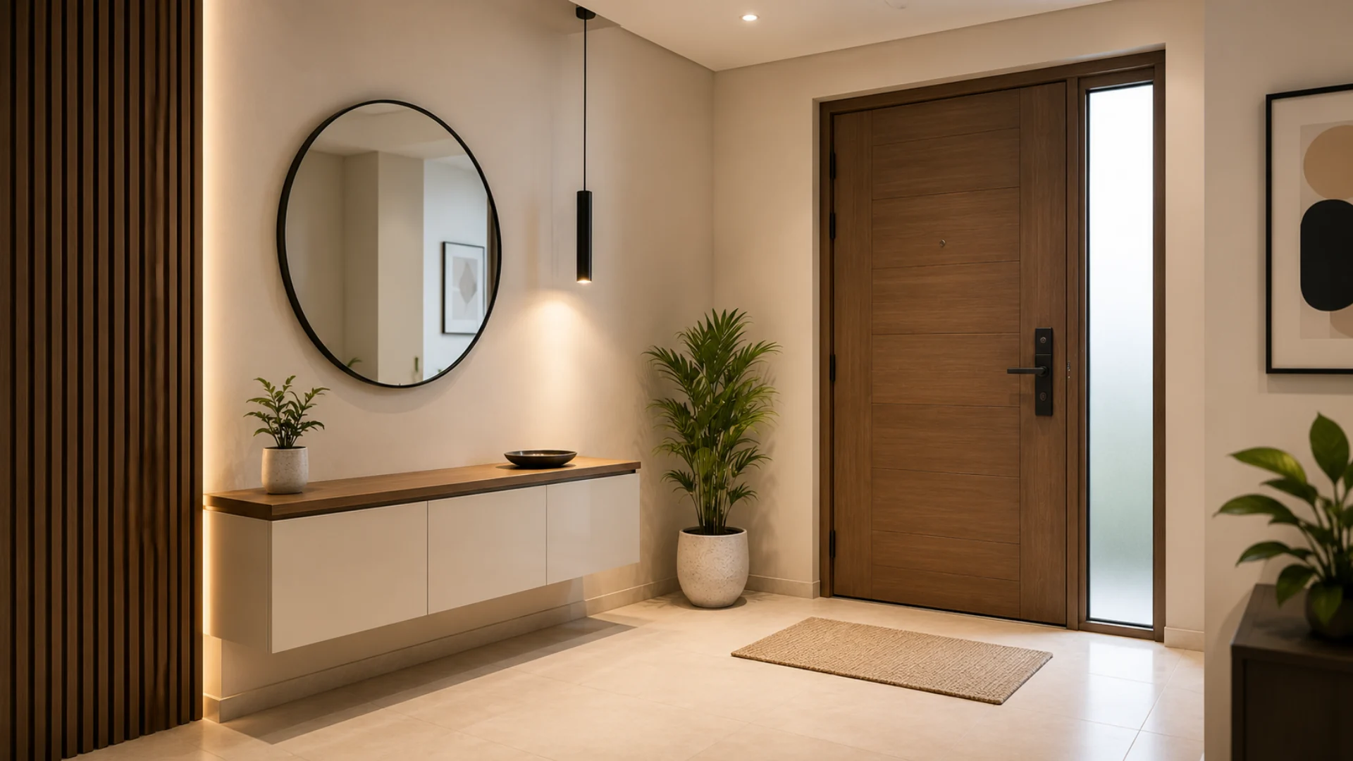 Modern apartment foyer area design with decorative wall panels and functional storage