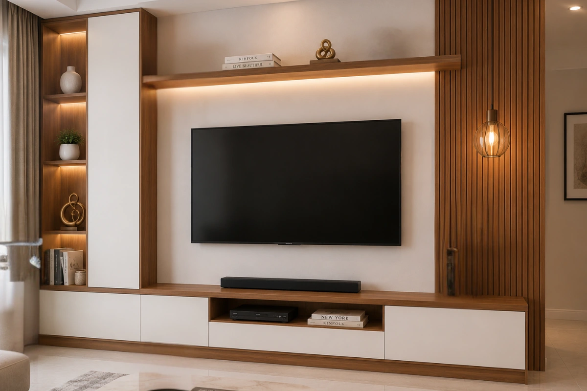 White and Wood Finish Combination tv unit design for living room