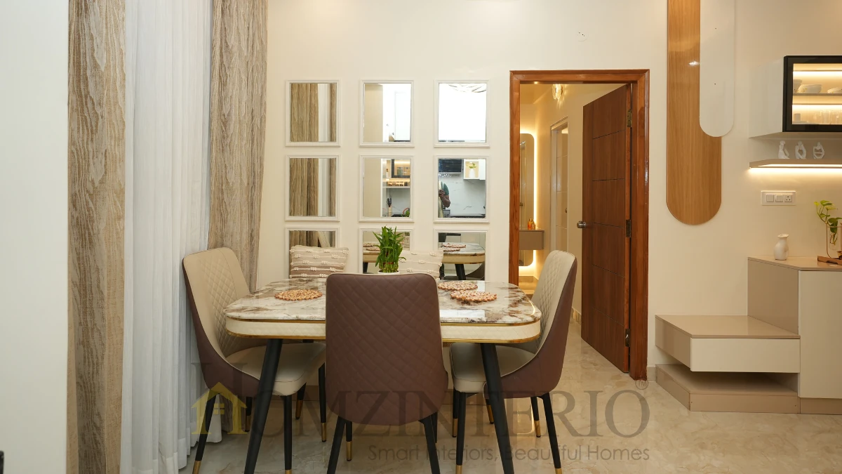 2BHK home interior design in Bangalore featuring a European-inspired dining area with marble-top dining table