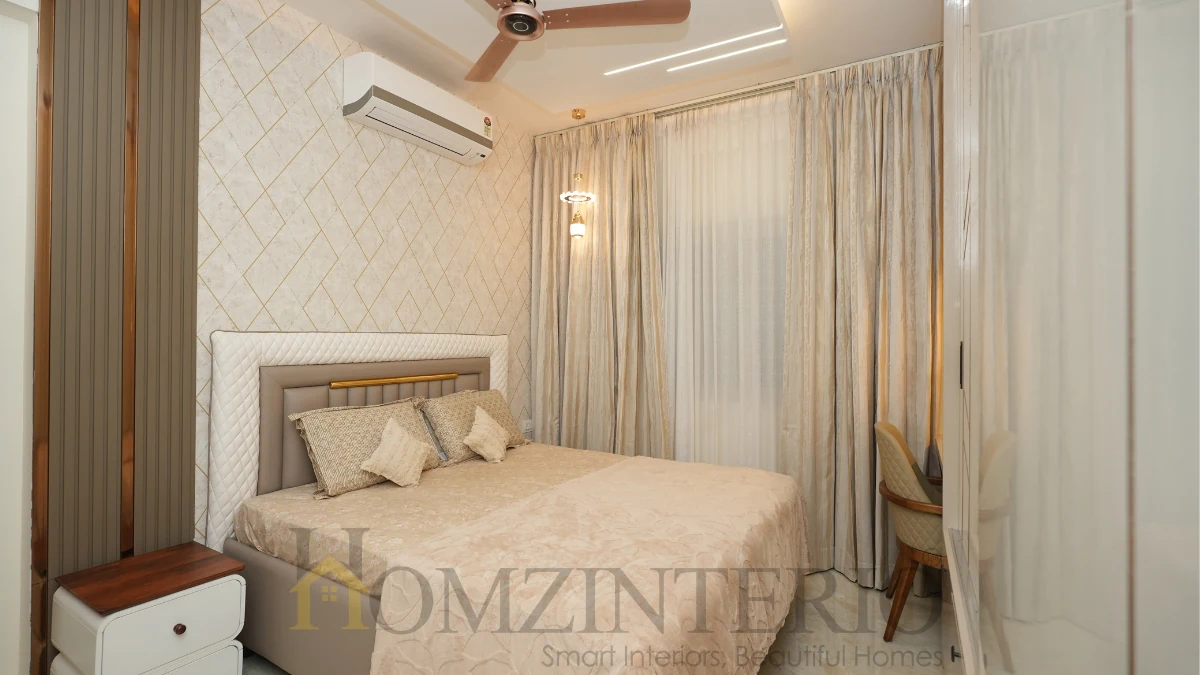 2BHK home interior design in Bangalore showcasing a contemporary master bedroom with neutral colour palette