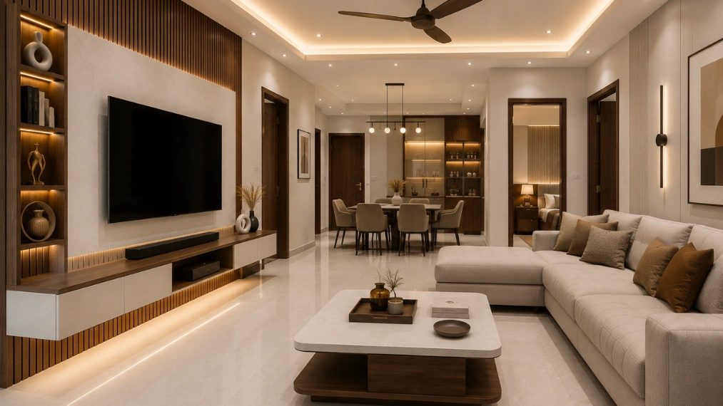 3 BHK apartment living room interior design with open dining area and modular TV unit