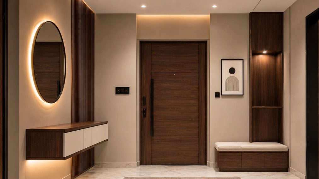 Apartment entryway entrance foyer design with modern wall-mounted console unit